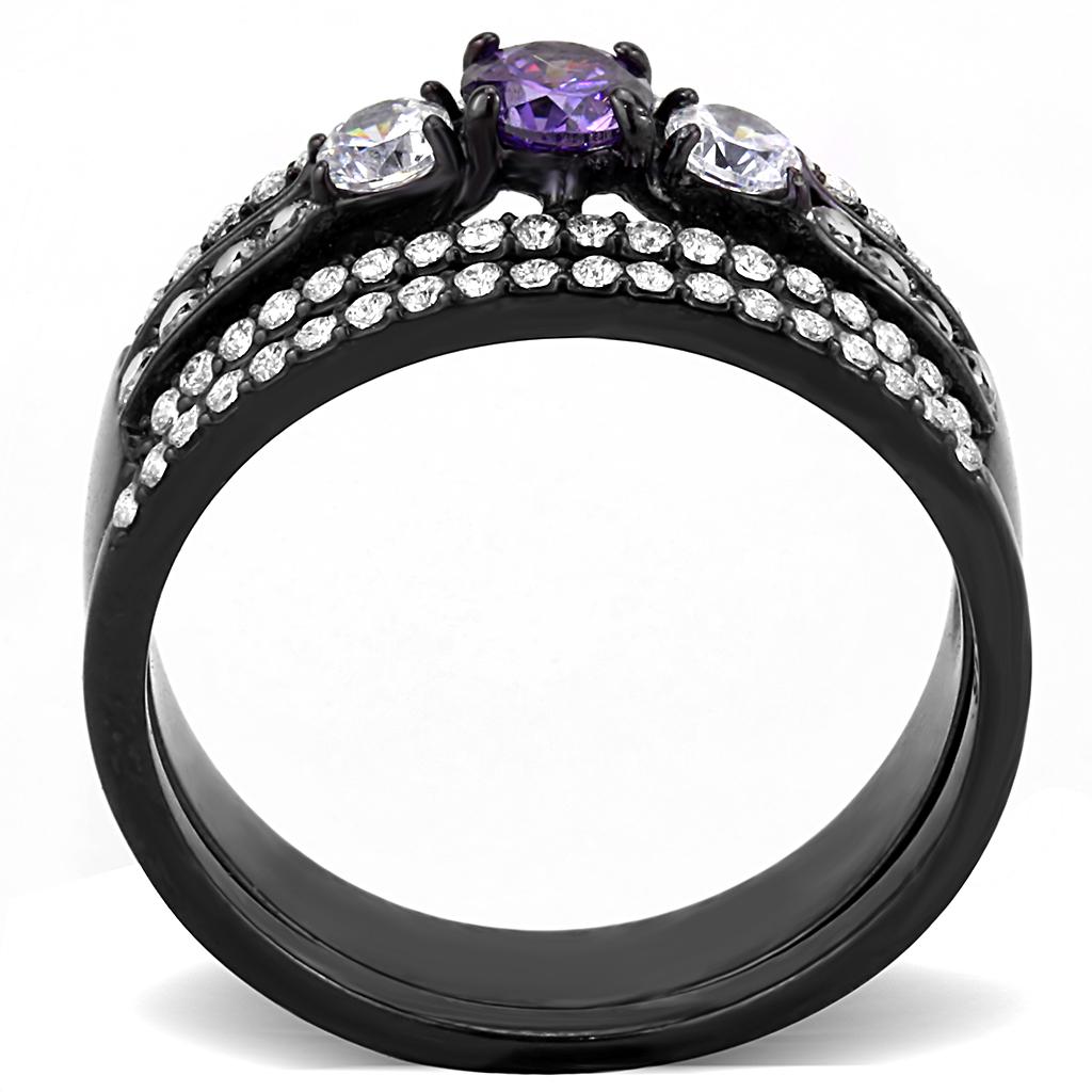 DA001 IP Black Stainless Steel Ring featuring AAA Grade CZ in amethyst color, showcasing a modern design and elegant finish.