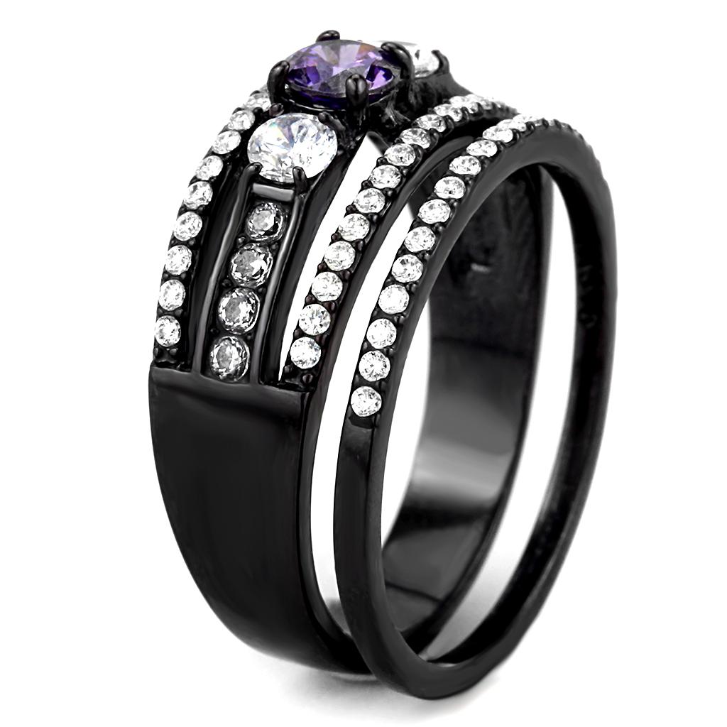 DA001 IP Black Stainless Steel Ring featuring AAA Grade CZ in amethyst color, showcasing a modern design and elegant finish.