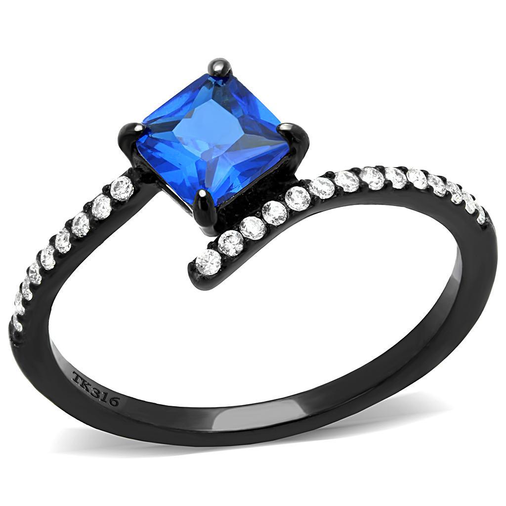 DA016 IP Black Stainless Steel Ring featuring a London Blue Spinel, showcasing a sleek design and vibrant gemstone.