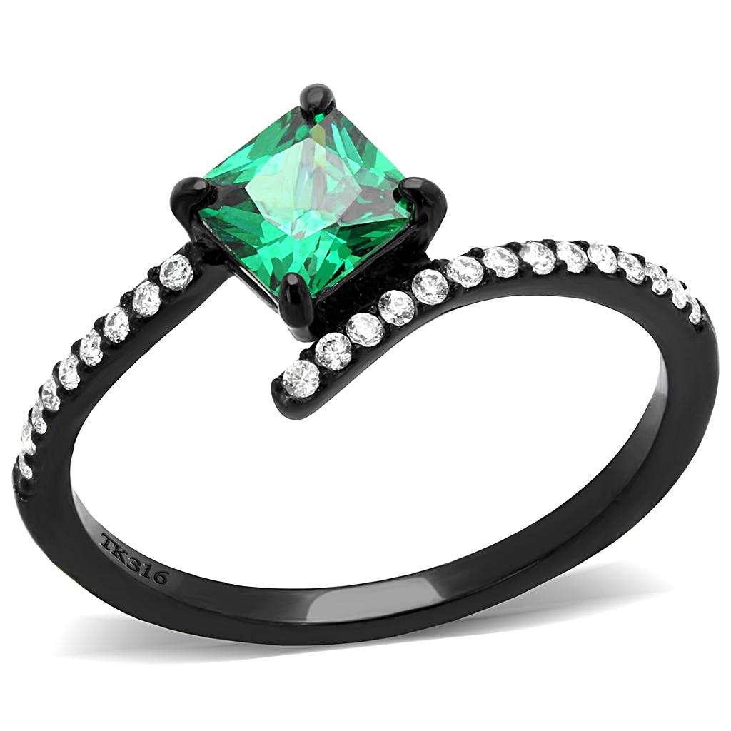 DA017 IP Black Stainless Steel Ring featuring AAA Grade CZ in emerald color, showcasing its elegant design and craftsmanship.