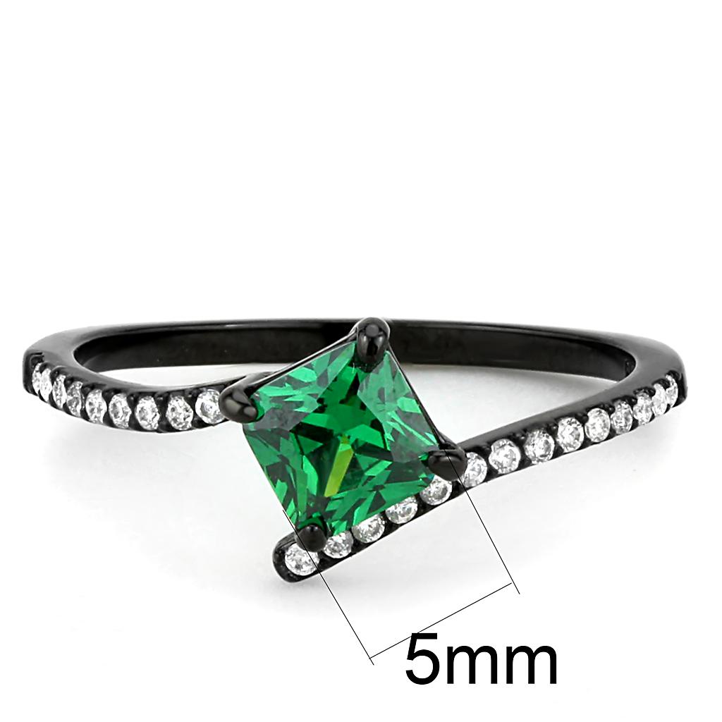 DA017 IP Black Stainless Steel Ring featuring AAA Grade CZ in emerald color, showcasing its elegant design and craftsmanship.