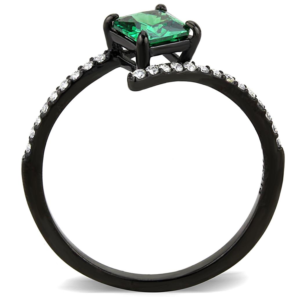 DA017 IP Black Stainless Steel Ring featuring AAA Grade CZ in emerald color, showcasing its elegant design and craftsmanship.