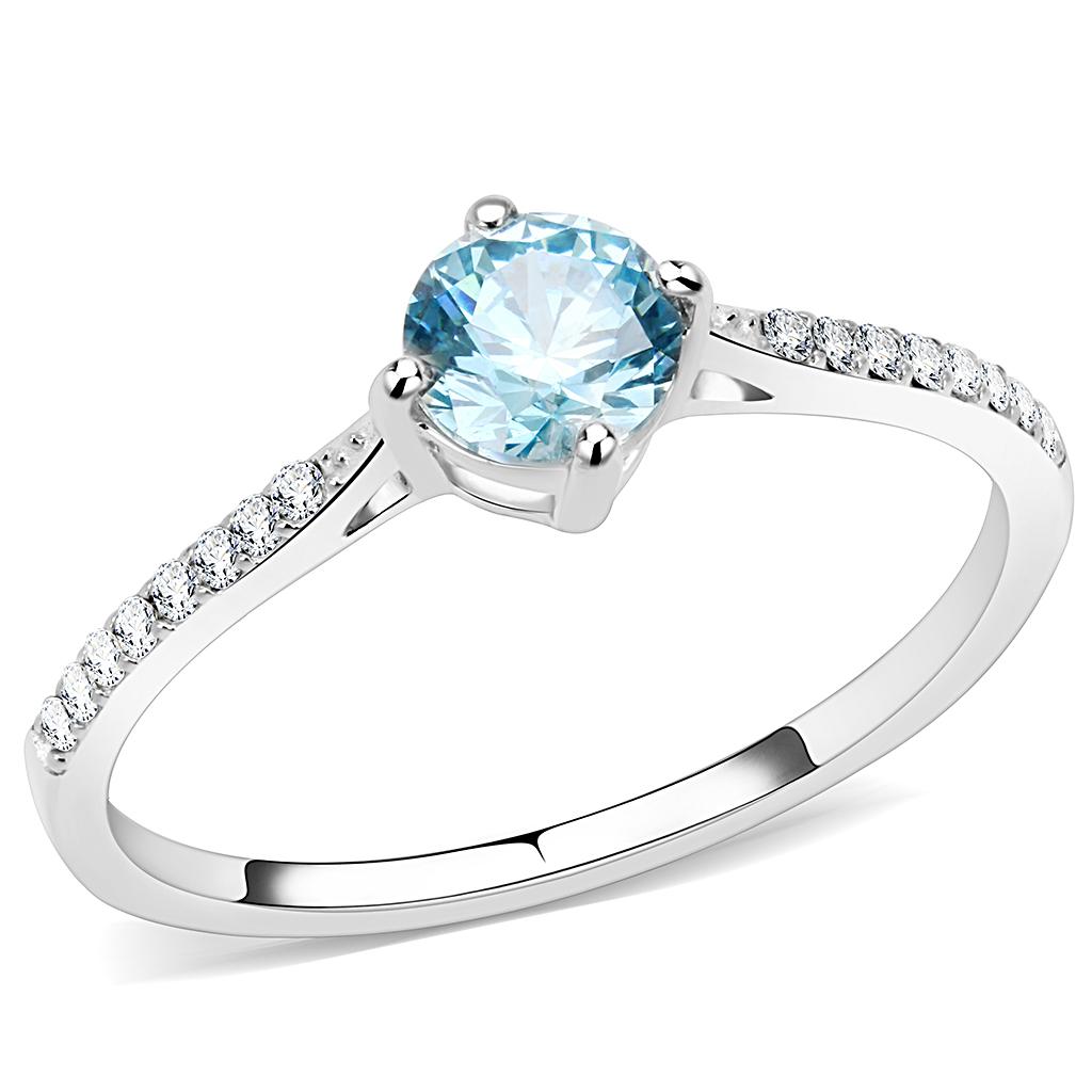 DA019 High Polished Stainless Steel Ring featuring a AAA Grade Sea Blue CZ stone, showcasing its elegant design and high-quality finish.