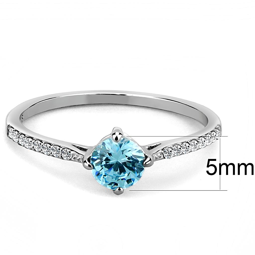 DA019 High Polished Stainless Steel Ring featuring a AAA Grade Sea Blue CZ stone, showcasing its elegant design and high-quality finish.