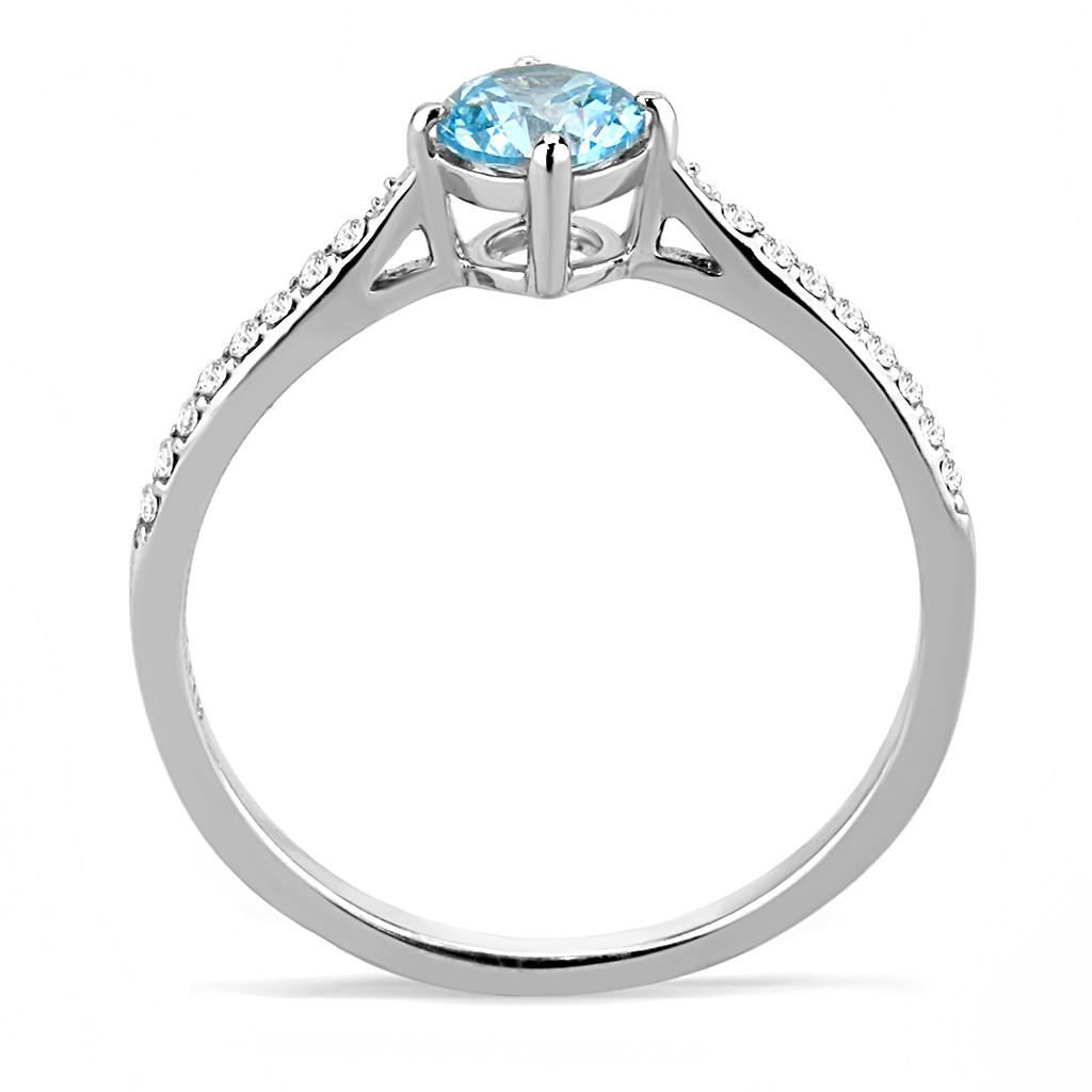 DA019 High Polished Stainless Steel Ring featuring a AAA Grade Sea Blue CZ stone, showcasing its elegant design and high-quality finish.