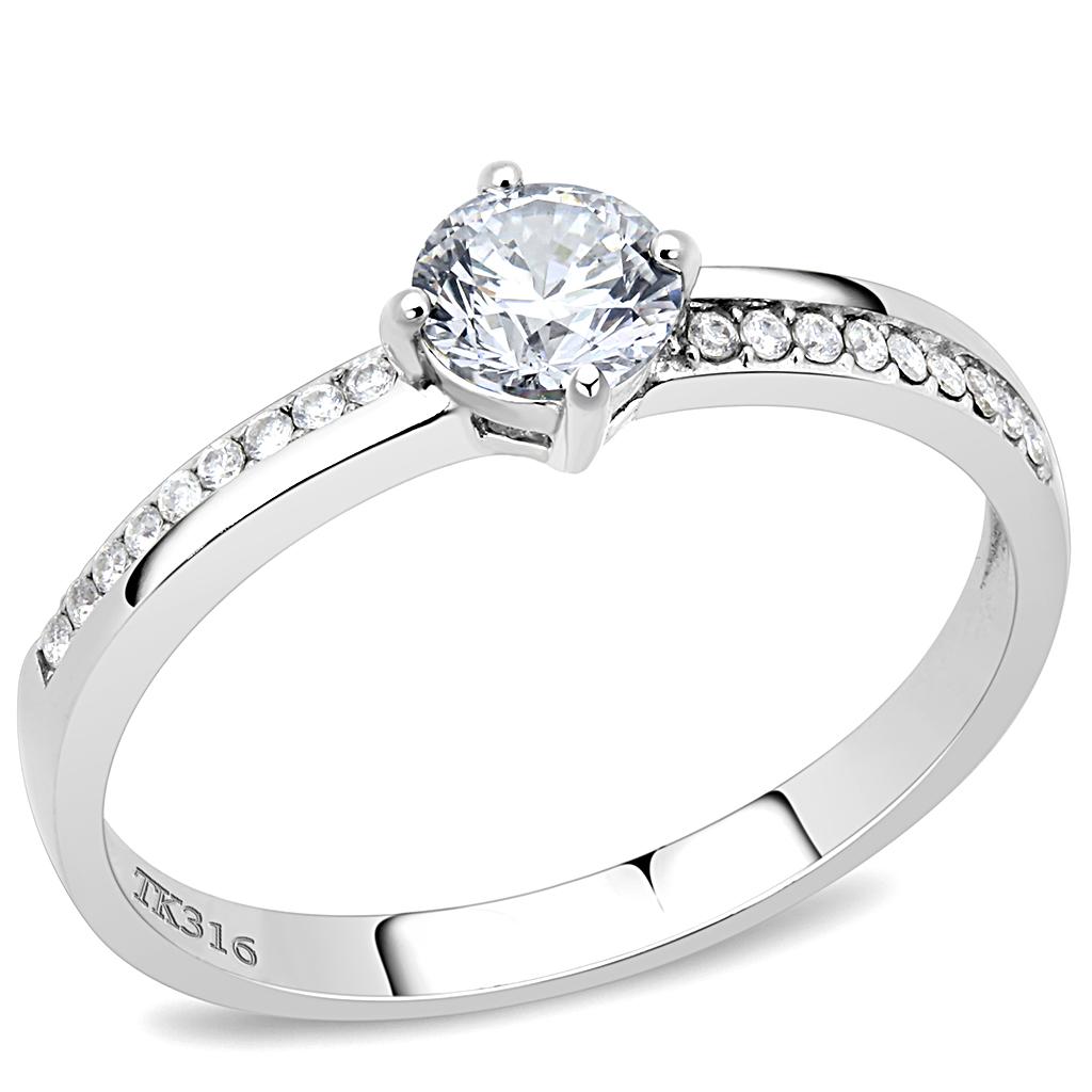 DA025 High Polished Stainless Steel Ring featuring a clear AAA Grade CZ center stone, showcasing a brilliant shine and elegant design.