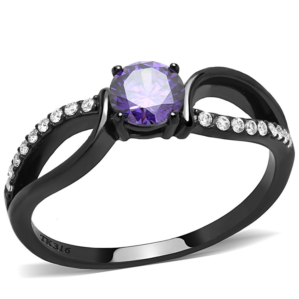 DA003 IP Black Stainless Steel Ring featuring AAA Grade CZ center stone in amethyst color, showcasing a modern design.