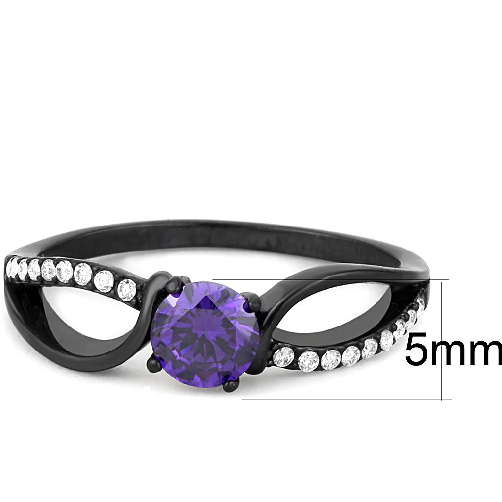 DA003 IP Black Stainless Steel Ring featuring AAA Grade CZ center stone in amethyst color, showcasing a modern design.