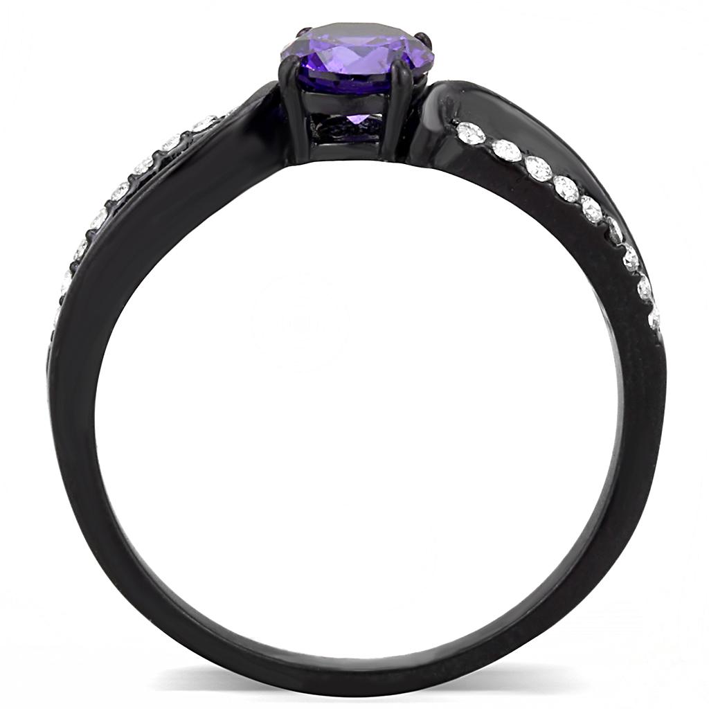 DA003 IP Black Stainless Steel Ring featuring AAA Grade CZ center stone in amethyst color, showcasing a modern design.