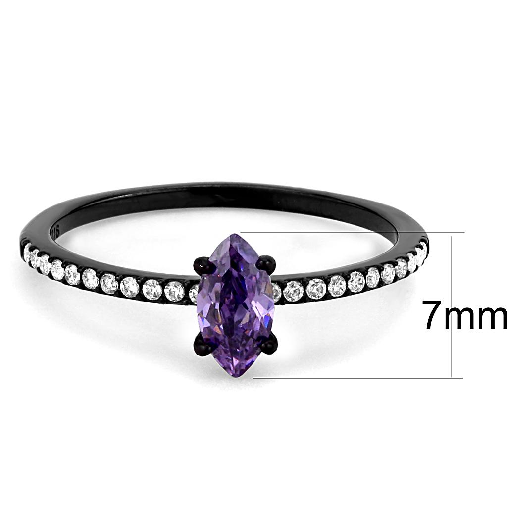 DA032 IP Black Stainless Steel Ring featuring AAA Grade CZ center stone in amethyst color, showcasing a modern and elegant design.