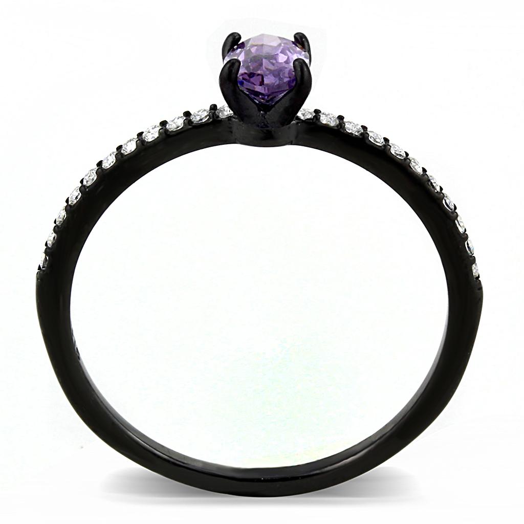 DA032 IP Black Stainless Steel Ring featuring AAA Grade CZ center stone in amethyst color, showcasing a modern and elegant design.