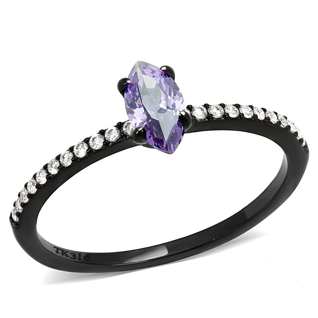 DA032 IP Black Stainless Steel Ring featuring AAA Grade CZ center stone in amethyst color, showcasing a modern and elegant design.