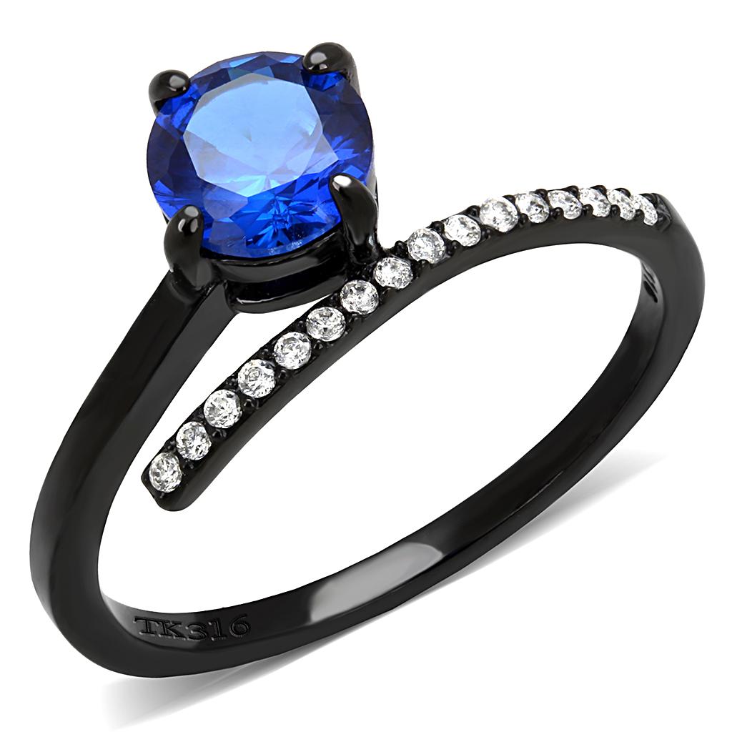 DA038 IP Black Stainless Steel Ring featuring a London Blue Spinel center stone, showcasing a modern design with a sleek finish.