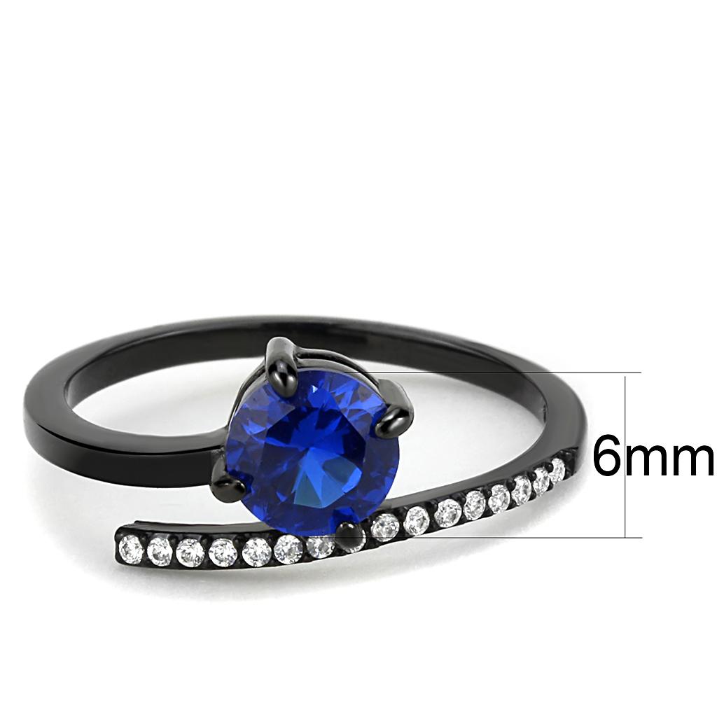 DA038 IP Black Stainless Steel Ring featuring a London Blue Spinel center stone, showcasing a modern design with a sleek finish.