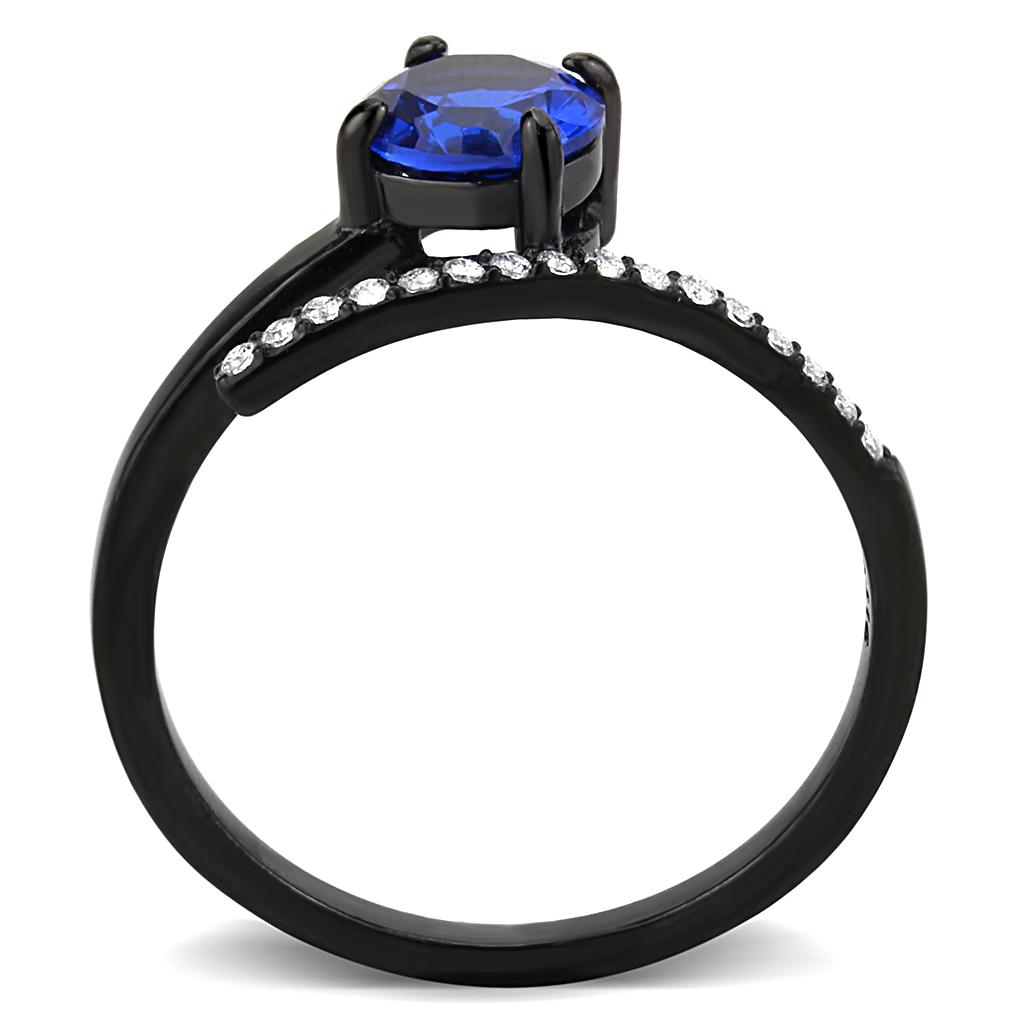 DA038 IP Black Stainless Steel Ring featuring a London Blue Spinel center stone, showcasing a modern design with a sleek finish.