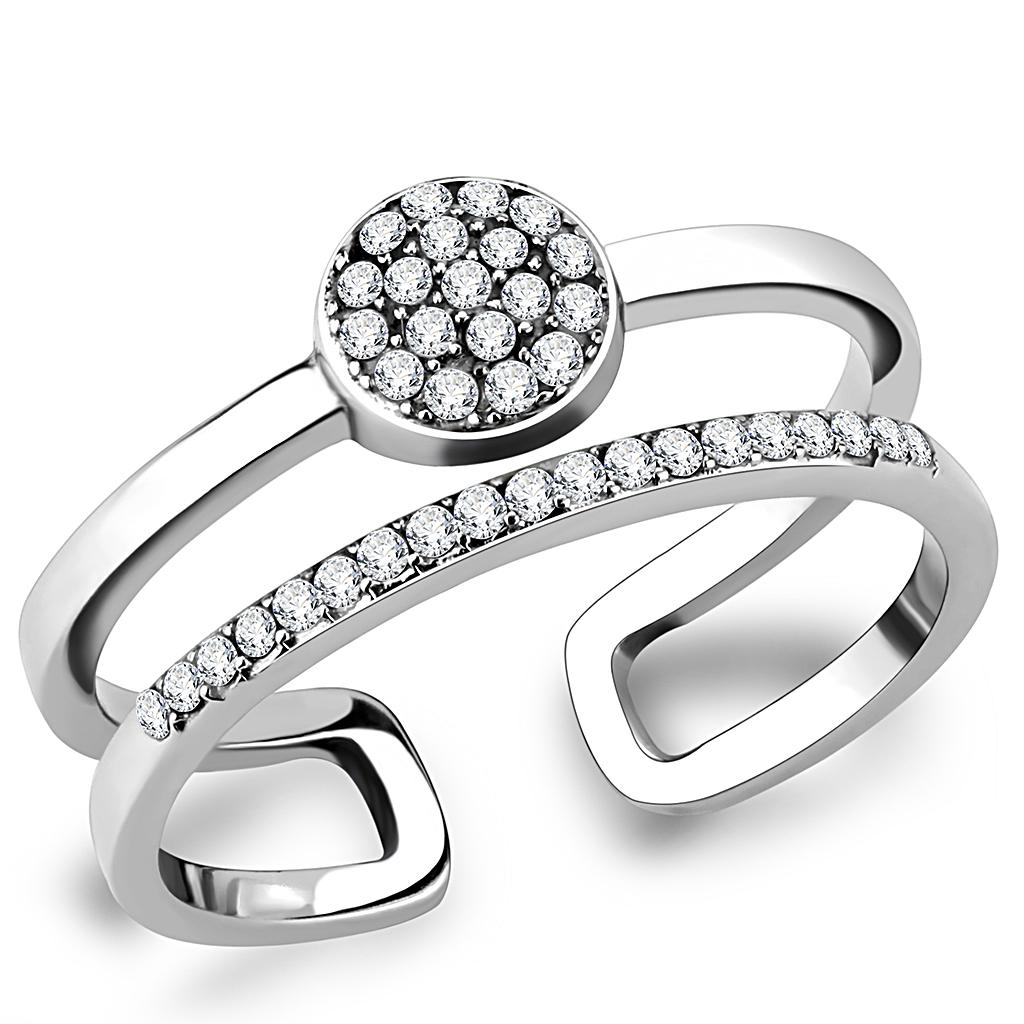 DA048 High Polished Stainless Steel Ring featuring a clear AAA Grade CZ center stone, showcasing a brilliant shine.