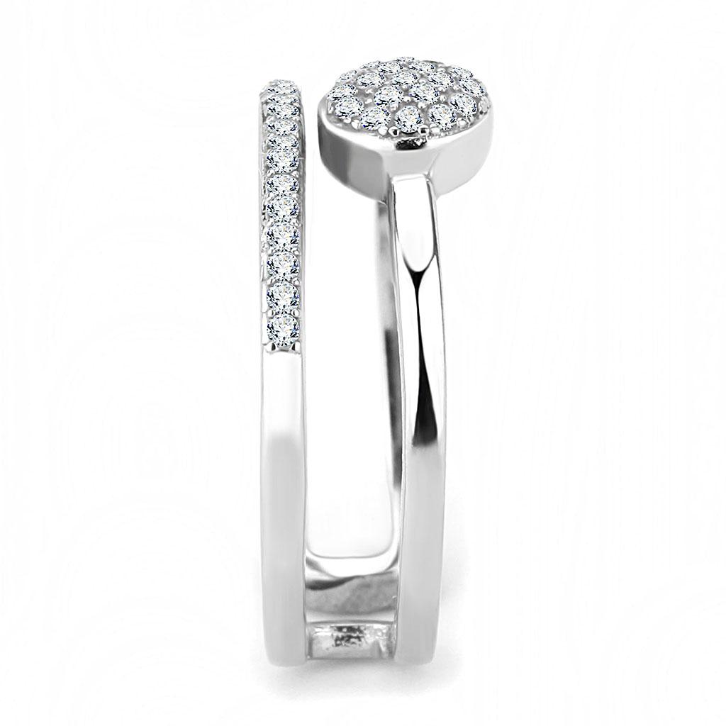 DA048 High Polished Stainless Steel Ring featuring a clear AAA Grade CZ center stone, showcasing a brilliant shine.