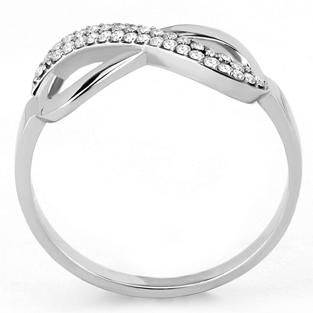 DA054 High Polished Stainless Steel Ring featuring a clear AAA Grade CZ center stone, showcasing its elegant design and shiny finish.