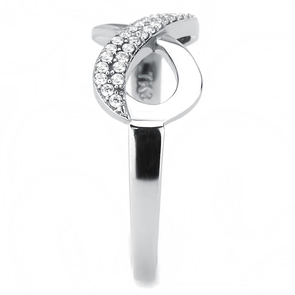 DA054 High Polished Stainless Steel Ring featuring a clear AAA Grade CZ center stone, showcasing its elegant design and shiny finish.