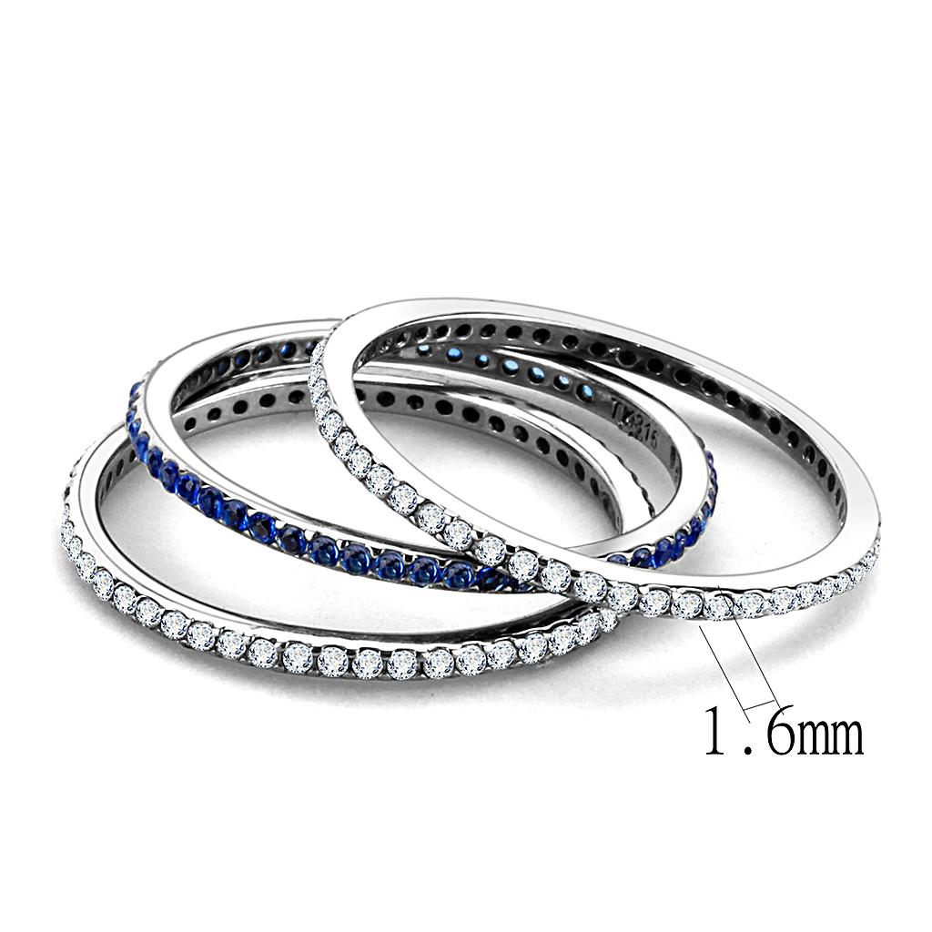 DA066 High Polished Stainless Steel Ring featuring AAA Grade London Blue CZ, showcasing its elegant design and shiny finish.