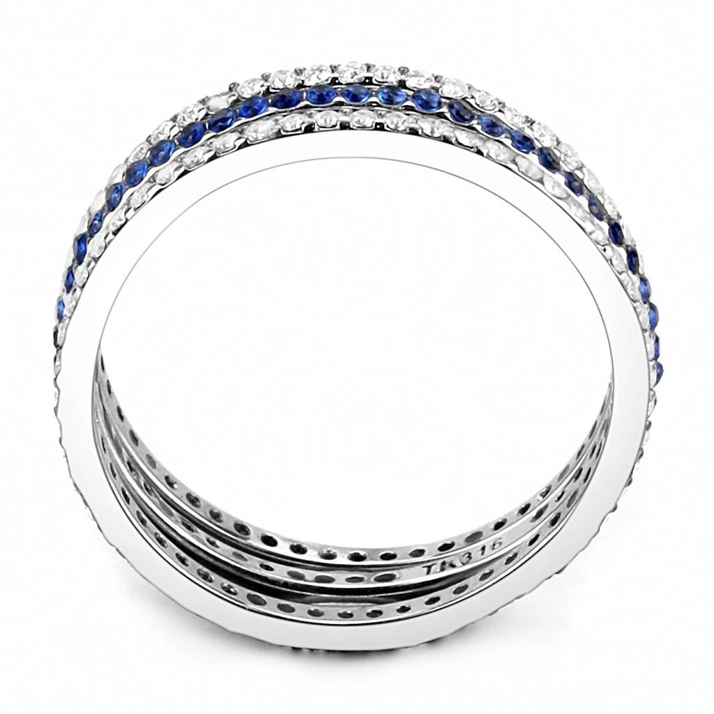 DA066 High Polished Stainless Steel Ring featuring AAA Grade London Blue CZ, showcasing its elegant design and shiny finish.