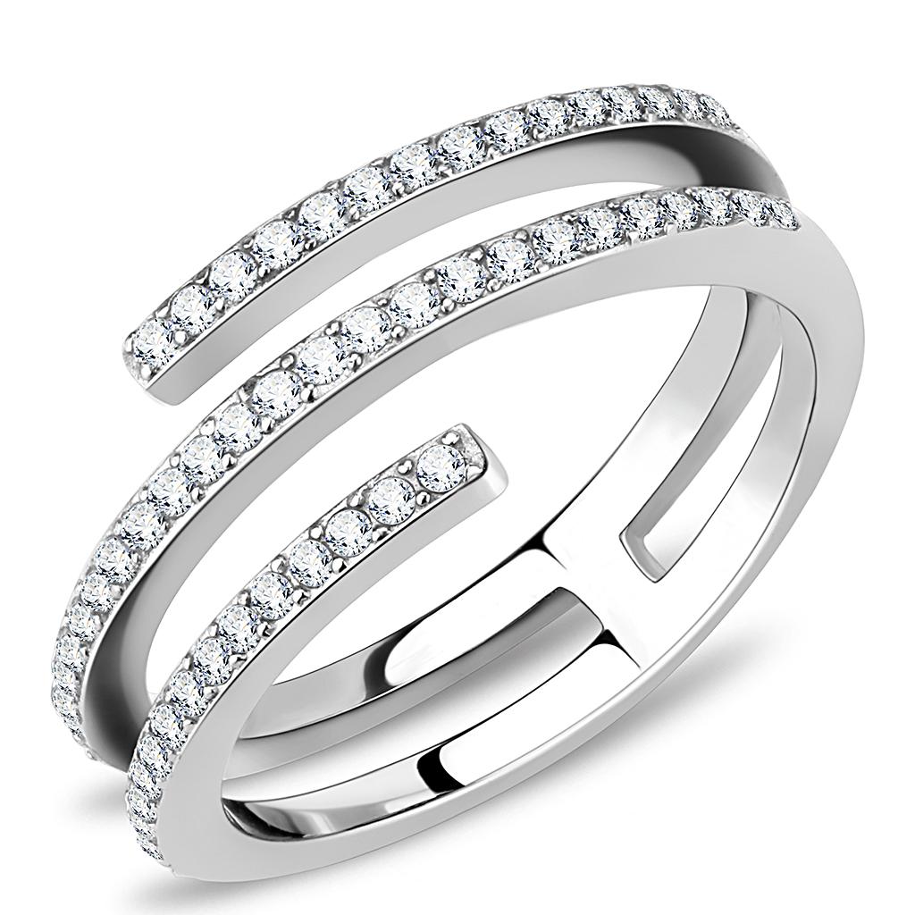 DA060 High Polished Stainless Steel Ring with AAA Grade CZ, showcasing its clear stone and shiny finish.