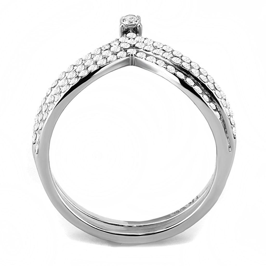 DA061 High Polished Stainless Steel Ring featuring a clear AAA Grade CZ stone, showcasing its elegant design and shiny finish.