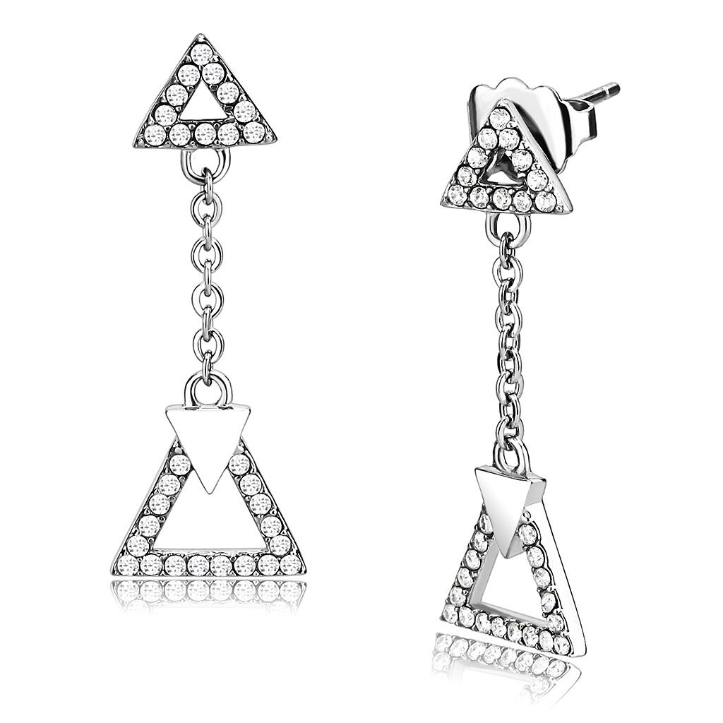 DA068 High Polished Stainless Steel Earrings featuring AAA Grade Clear CZ, showcasing a shiny and elegant design.