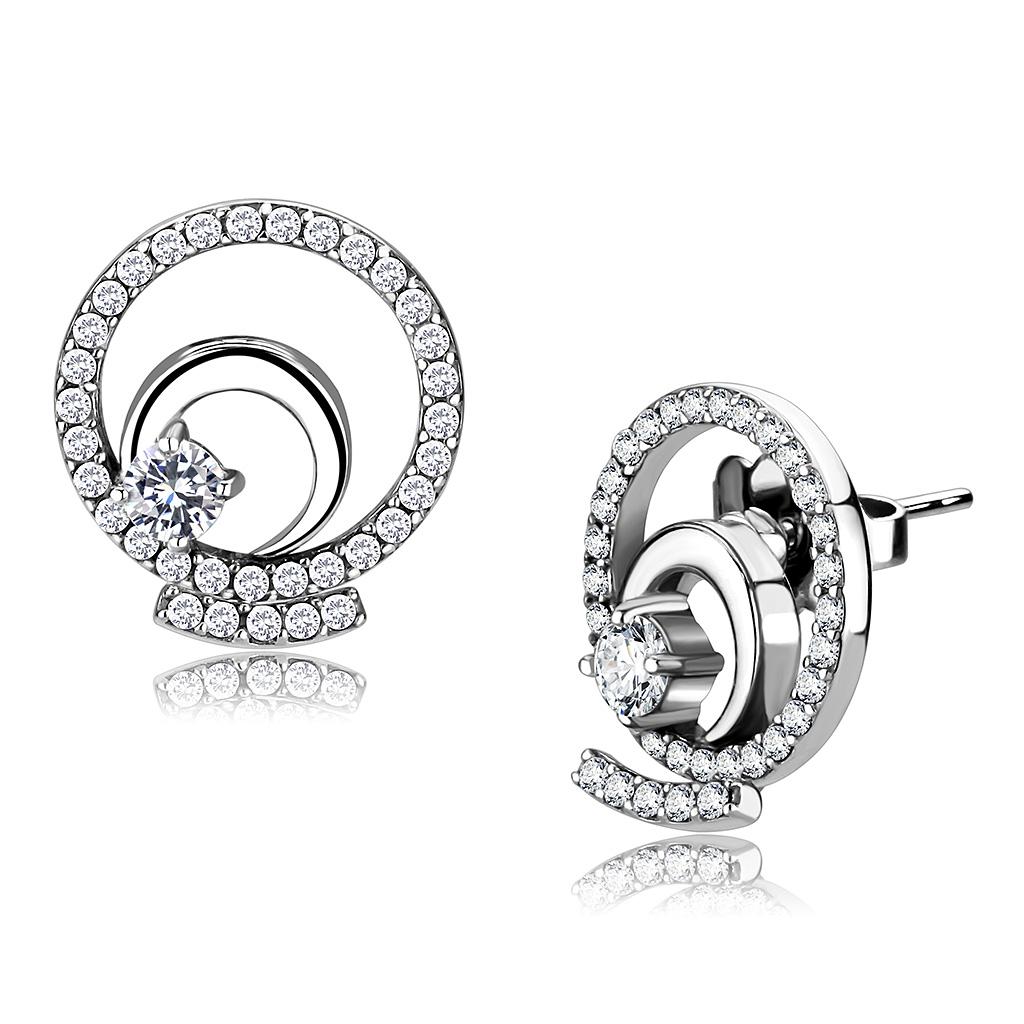 DA069 High Polished Stainless Steel Earrings featuring AAA Grade Clear CZ stone, lightweight and elegant design.