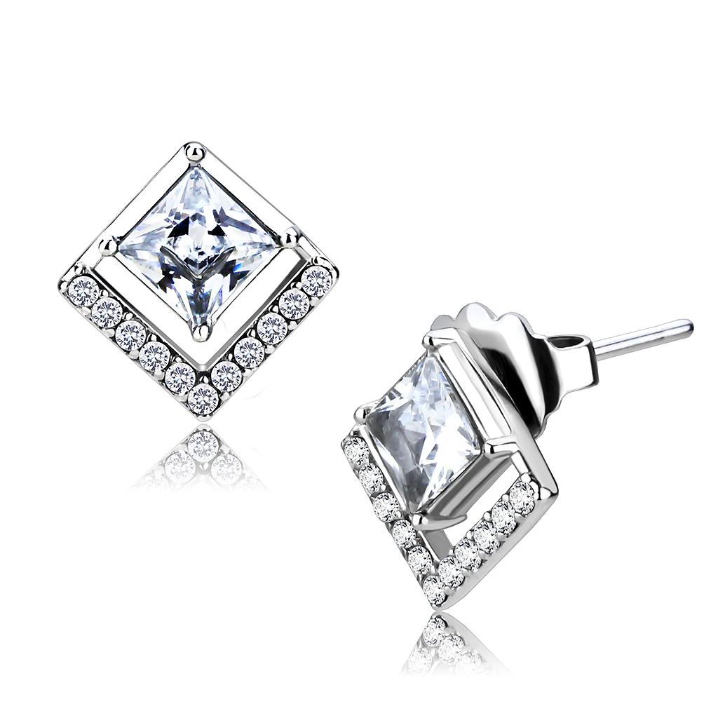 DA071 High Polished Stainless Steel Earrings featuring AAA Grade Clear CZ stone, elegantly designed for everyday wear.