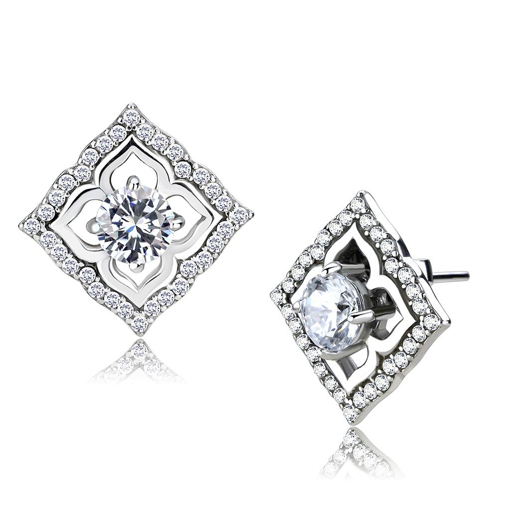 DA073 High Polished Stainless Steel Earrings featuring AAA Grade Clear CZ center stone, showcasing a sleek and elegant design.