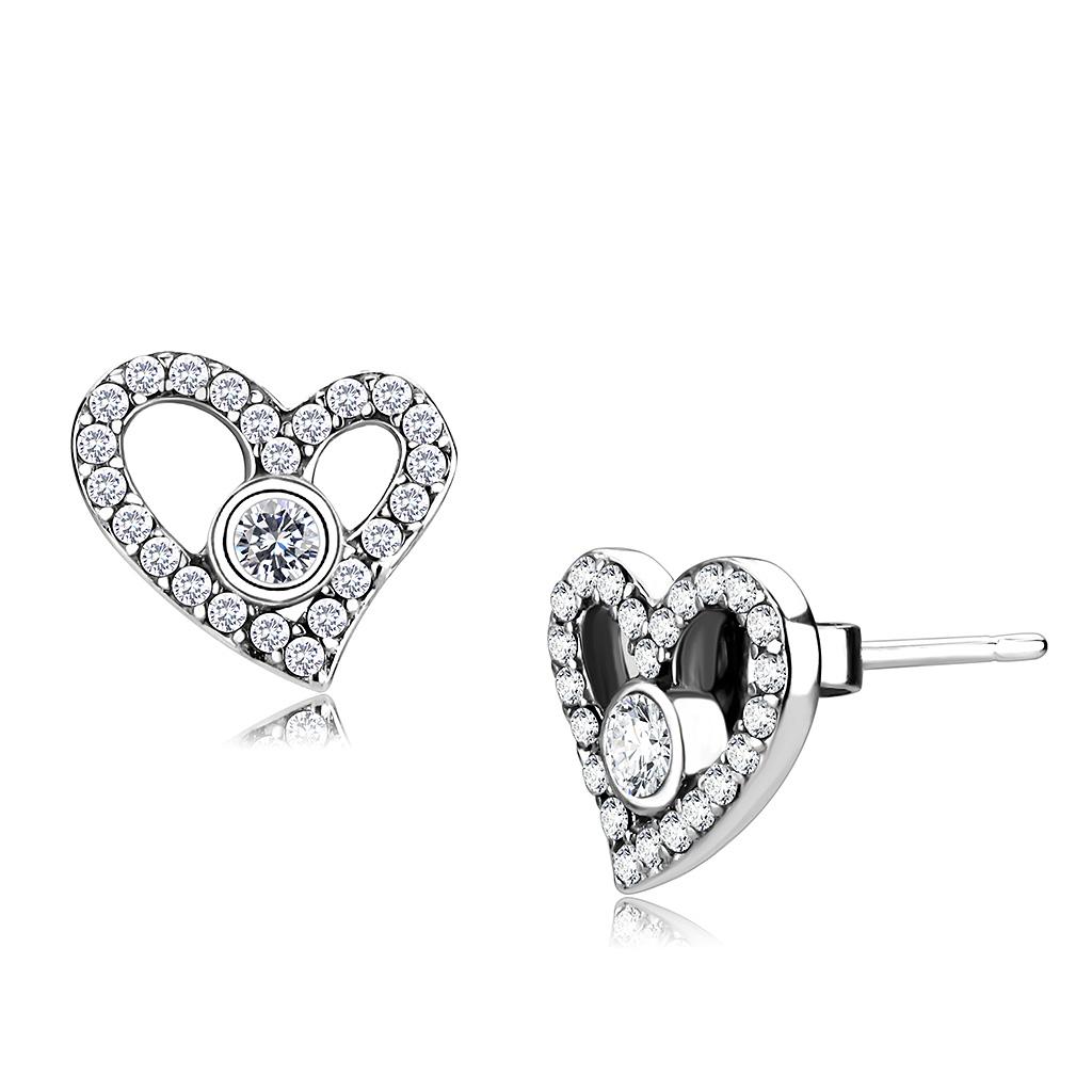 DA075 High Polished Stainless Steel Earrings featuring AAA Grade Clear CZ stone, showcasing a shiny finish and elegant design.