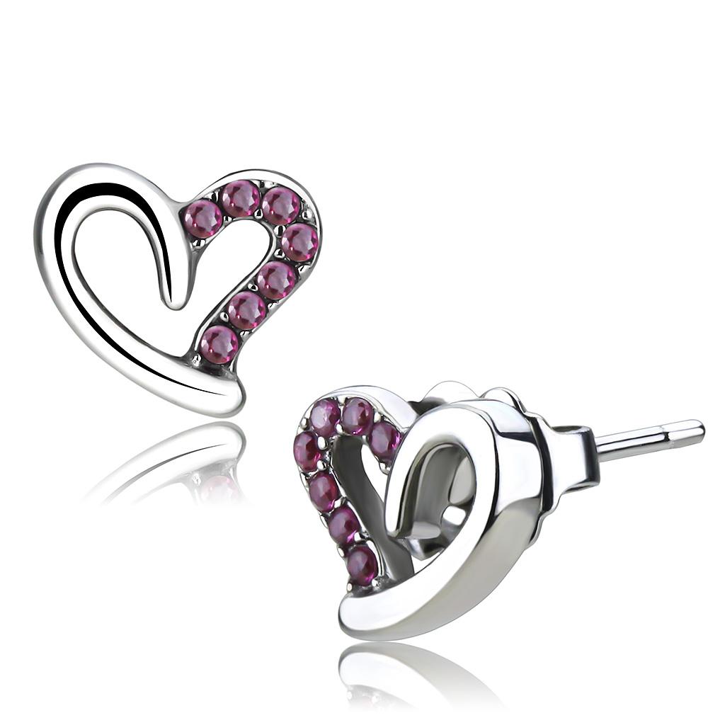 DA082 High Polished Stainless Steel Earrings featuring AAA Grade CZ stones in ruby color, elegantly designed for everyday wear.