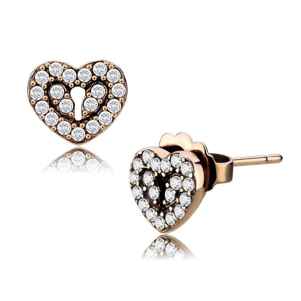 DA085 IP Rose Gold Stainless Steel Earrings featuring AAA Grade CZ, showcasing their elegant design and luxurious finish.