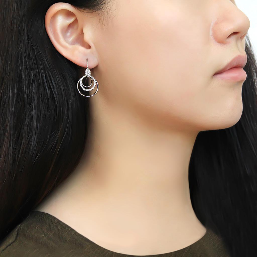 DA099 High Polished Stainless Steel Earrings featuring AAA Grade clear CZ stone, showcasing a sleek and modern design.