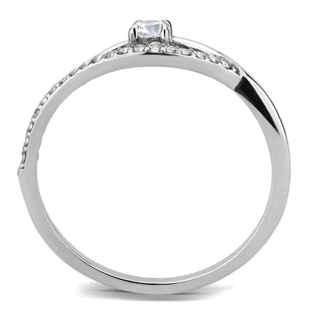 DA108 High Polished Stainless Steel Ring featuring a clear AAA Grade CZ center stone, showcasing its elegant design and shiny finish.