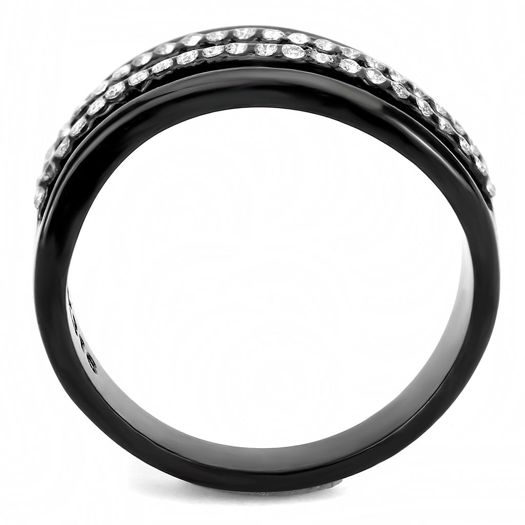 DA126 IP Black Stainless Steel Ring featuring a clear AAA Grade CZ stone, showcasing a modern design with a sleek black finish.