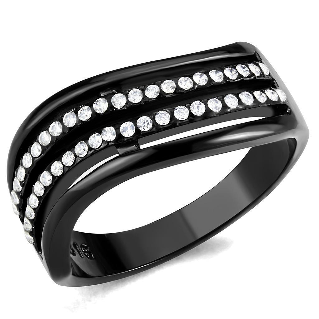 DA126 IP Black Stainless Steel Ring featuring a clear AAA Grade CZ stone, showcasing a modern design with a sleek black finish.