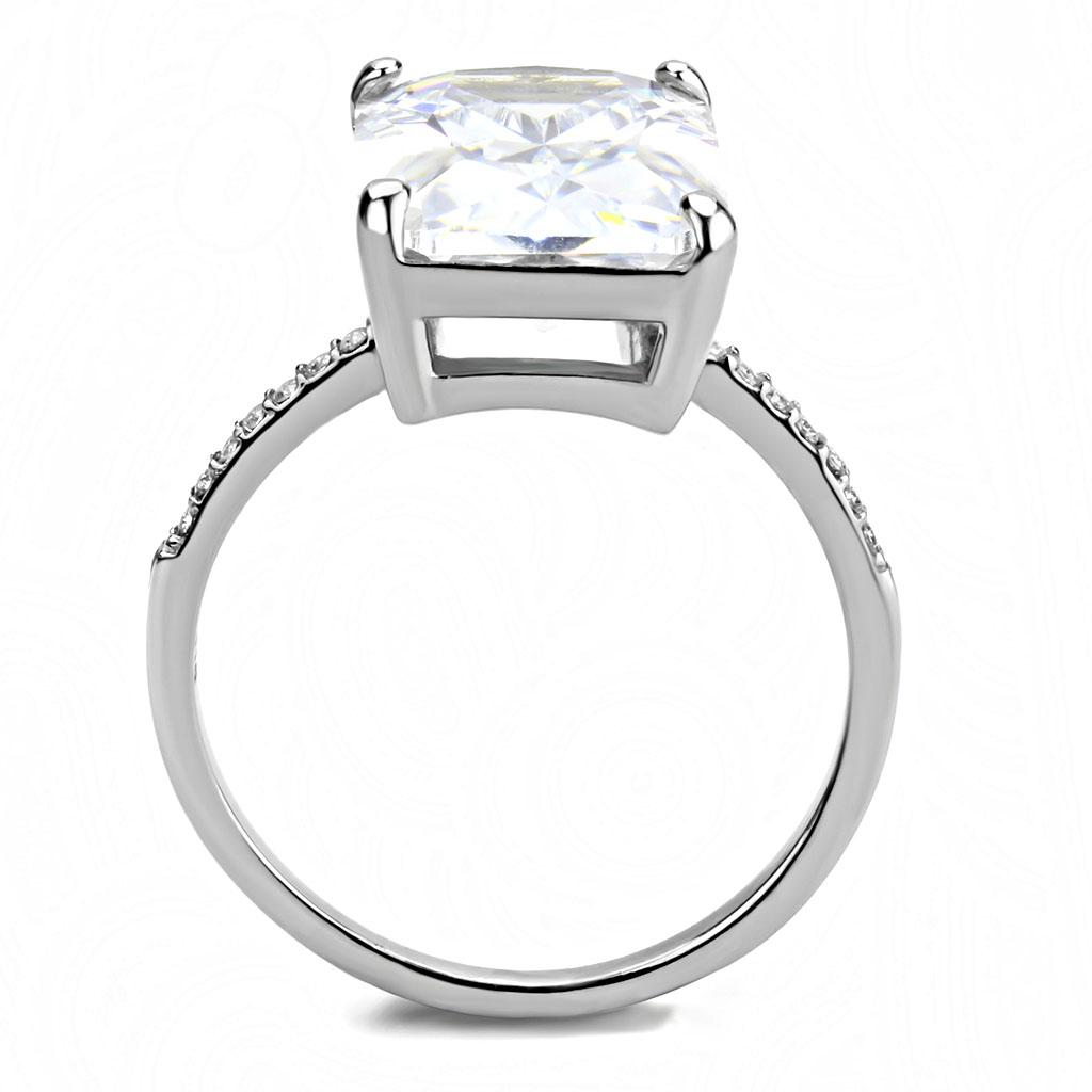 DA131 High Polished Stainless Steel Ring featuring a clear AAA Grade CZ stone, showcasing its elegant design and shiny finish.