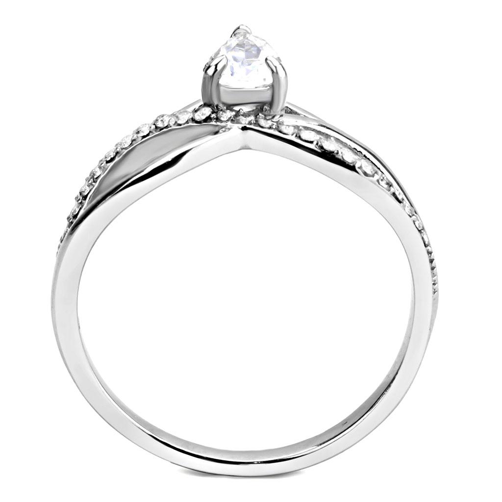 DA149 High Polished Stainless Steel Ring featuring a clear AAA Grade CZ center stone, showcasing its elegant design and shine.