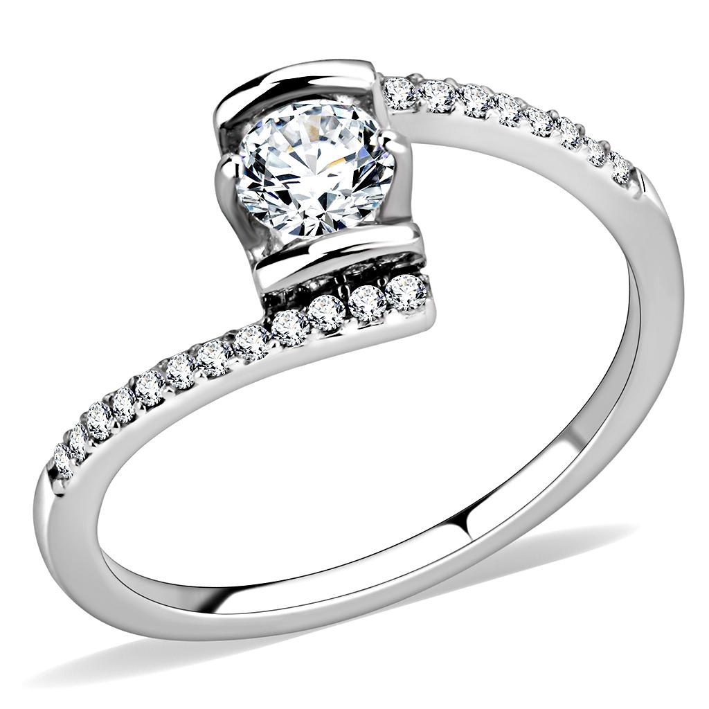 DA151 High Polished Stainless Steel Ring featuring a clear AAA Grade CZ center stone, showcasing its elegant design and shiny finish.