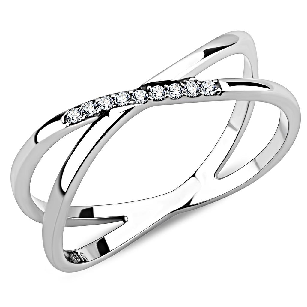 DA158 High Polished Stainless Steel Ring featuring a clear AAA Grade CZ center stone, showcasing its elegant design and shiny finish.