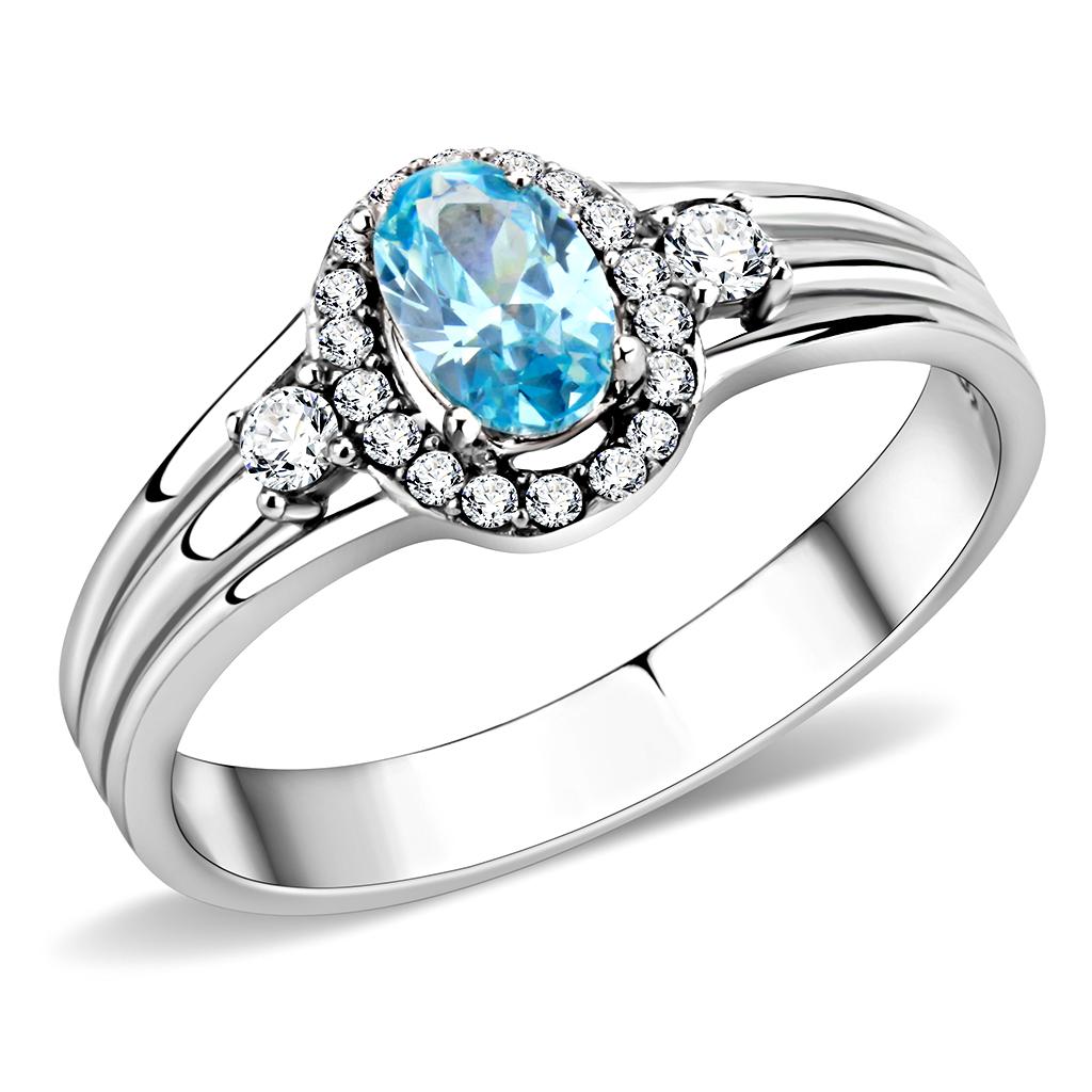 DA166 High Polished Stainless Steel Ring featuring a AAA Grade Sea Blue CZ stone, showcasing its elegant design and high shine finish.