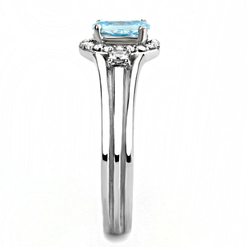 DA166 High Polished Stainless Steel Ring featuring a AAA Grade Sea Blue CZ stone, showcasing its elegant design and high shine finish.