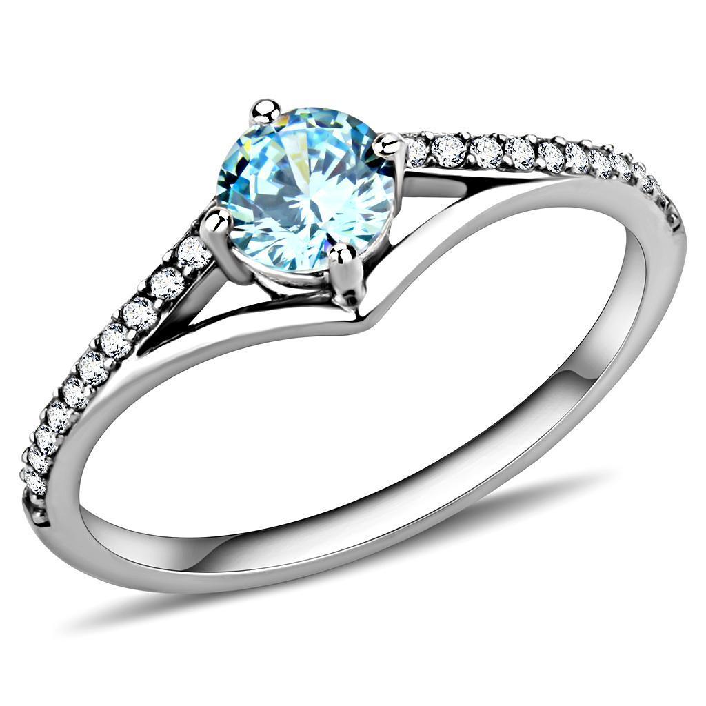 DA167 High Polished Stainless Steel Ring featuring a AAA Grade Sea Blue CZ stone, showcasing its elegant design and shine.