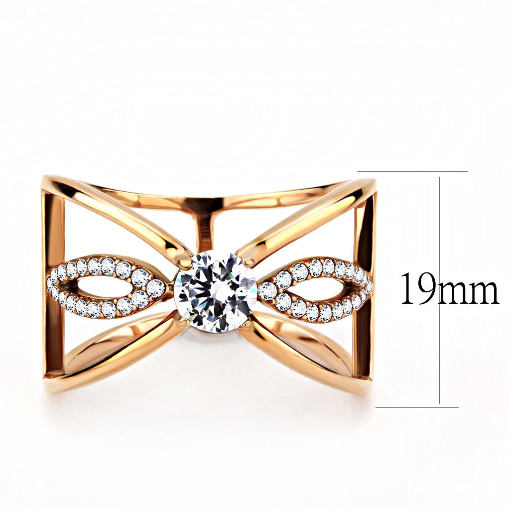 DA169 IP Rose Gold Stainless Steel Ring featuring a clear AAA Grade CZ center stone, elegantly designed for any occasion.