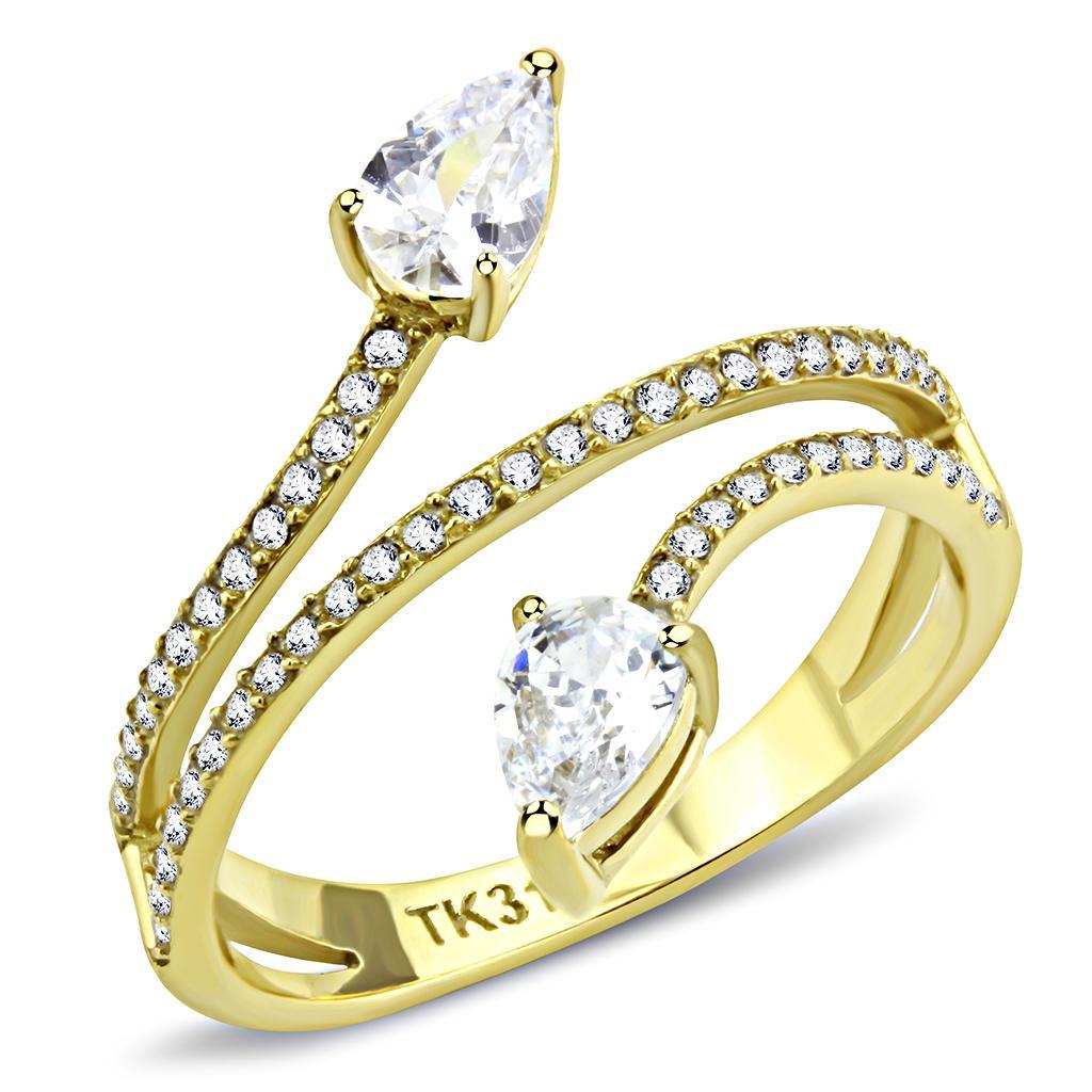 DA171 IP Gold Stainless Steel Ring featuring a clear AAA Grade CZ center stone, showcasing its elegant design and luxurious finish.