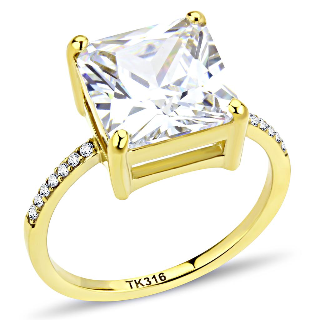 DA172 IP Gold Stainless Steel Ring featuring a clear AAA Grade CZ center stone, showcasing its elegant design and luxurious finish.