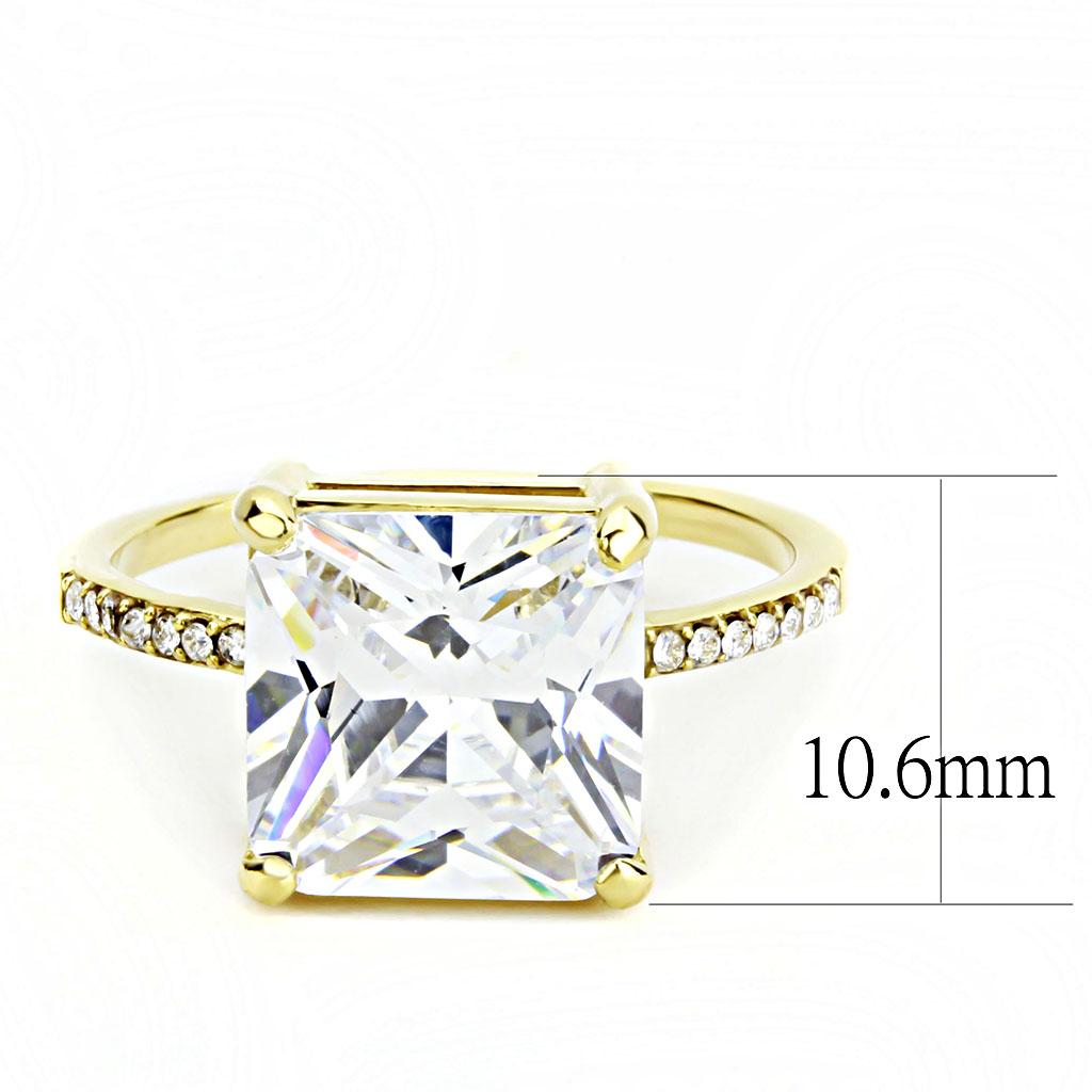 DA172 IP Gold Stainless Steel Ring featuring a clear AAA Grade CZ center stone, showcasing its elegant design and luxurious finish.