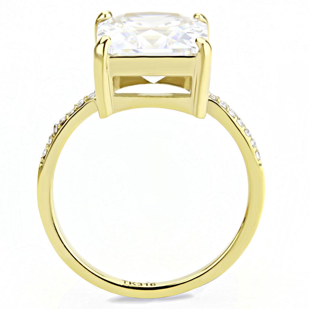 DA172 IP Gold Stainless Steel Ring featuring a clear AAA Grade CZ center stone, showcasing its elegant design and luxurious finish.